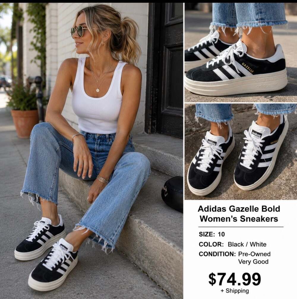 Adidas Gazelle Bold Women’s Black White Suede Platform Sneakers Size 10